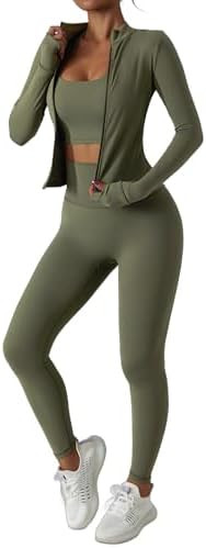 Women’s 3 Piece Workout Set – Sports Bra, Leggings & Jacket with Thumbholes – Yoga Outfit A... | Amazon (US)