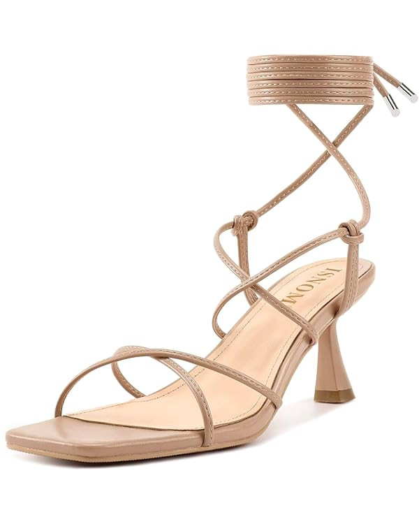 ISNOM Strappy Sandals for Women Kitten Heels Lace Up Heels Stiletto Heels Wrap Around Heels with ... | Amazon (US)