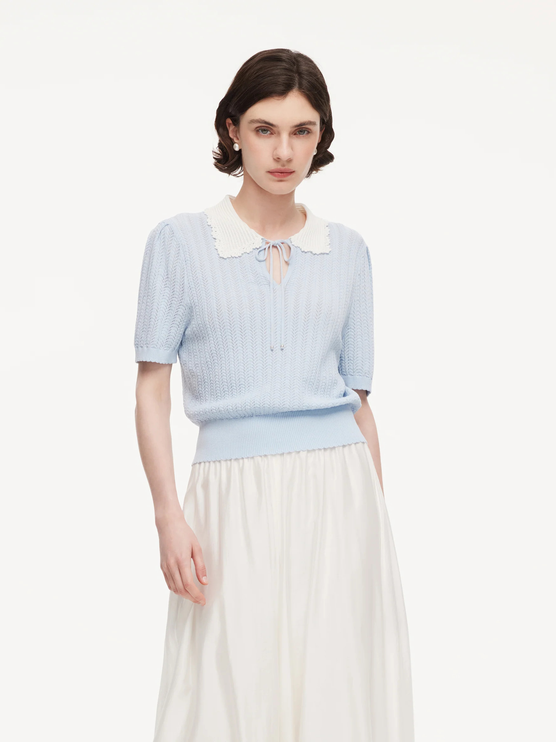 Tencel Blend Color Block Tie Front Women Openwork Knit Top | GOELIA
