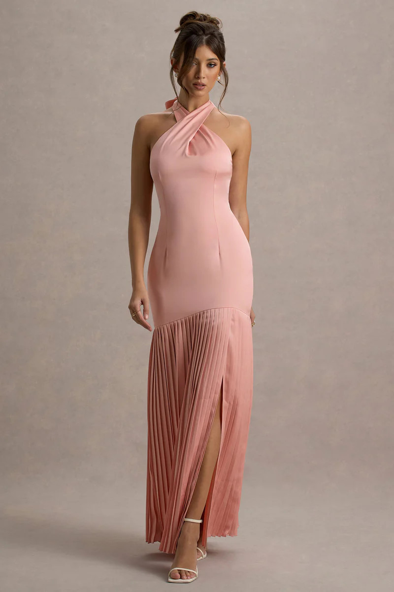 Sansa  Light Pink Satin Cross Halter-Neck Plisse Maxi Dress | Club L London