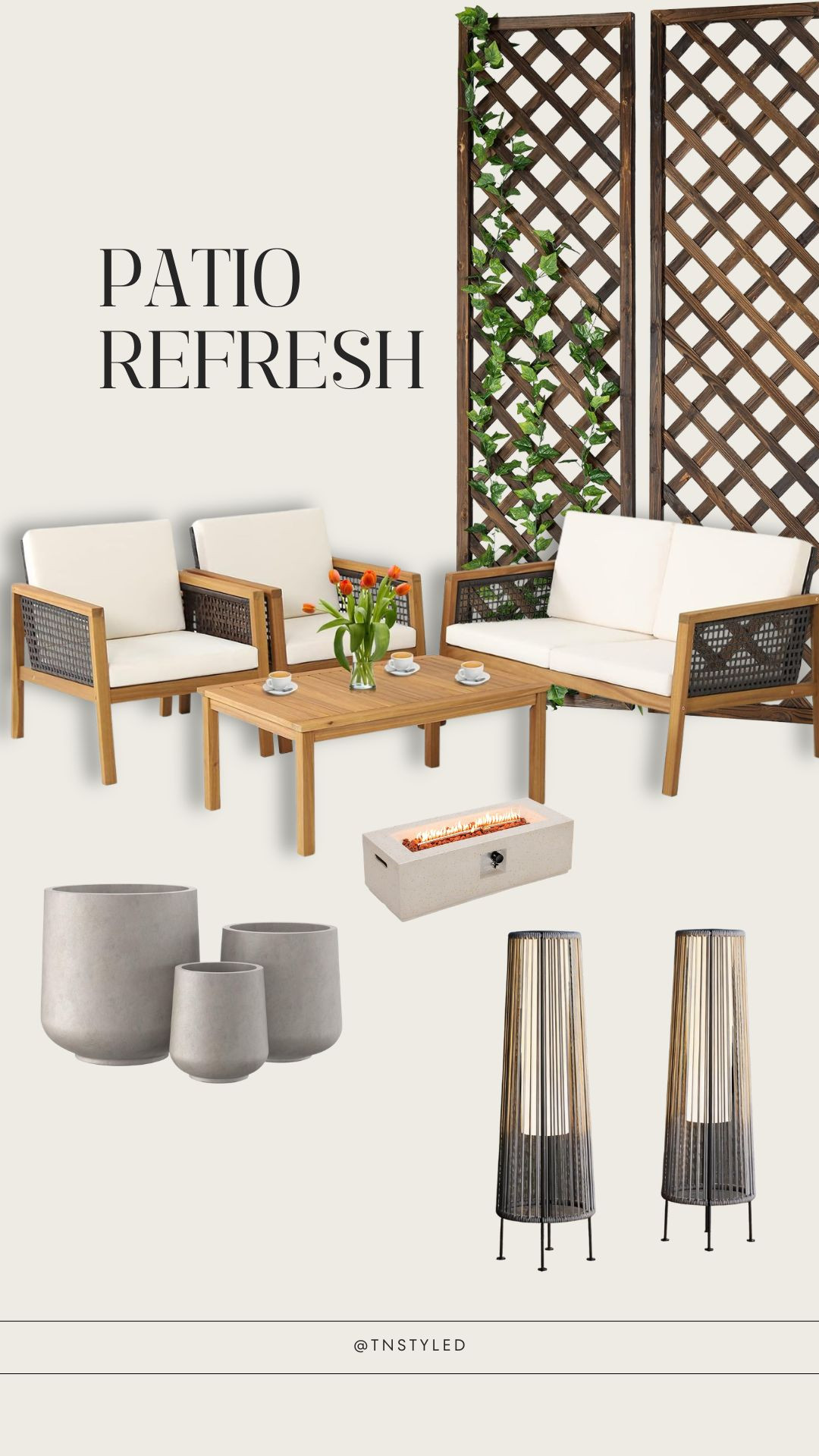 Patio refresh from @amazon | table fire pit, furniture set, wicker solar patio lamp, large outdoor vase, wood plant trellis 

 #LTKHome