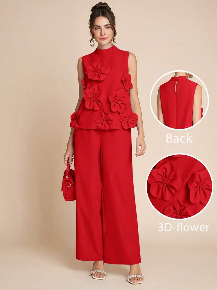 Amorya Conjunto De 2 Piezas Para Mujer: Top Elegante Y Romántico Con Flores 3D Y Pantalón De Pierna Ancha | SHEIN