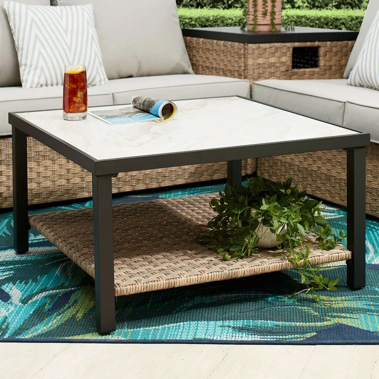 Better Homes & Gardens River Oaks Tile Top Coffee Table with All-Weather Wicker Shelf, White - Wa... | Walmart (US)