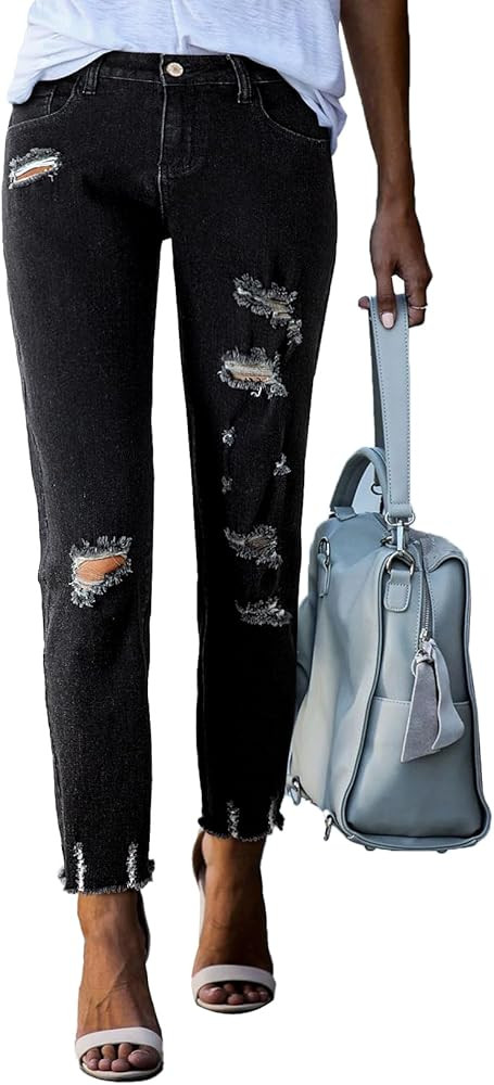 Sidefeel Women's Ripped Jeans Straight Leg Distressed Boyfriend Denim Pants | Amazon (US)