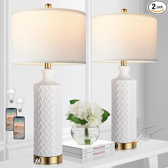 Touch Control Table Lamp Set of 2, Modern Contemporary Ceramic Bedside Lamps with 2 USB Ports, 3-... | Amazon (US)