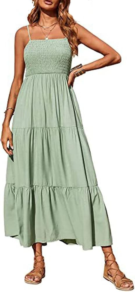ACMOLIN Women's Summer Boho Spaghetti Strap Square Neck Ruffle A Line Beach Long Maxi Dress | Amazon (US)