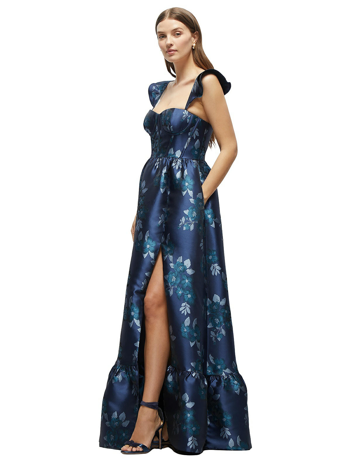 Baroque Rose Damask Floral Corset Maxi Dress with Ruffle Straps & Skirt in Midnight Navy Damask | The Dessy Group