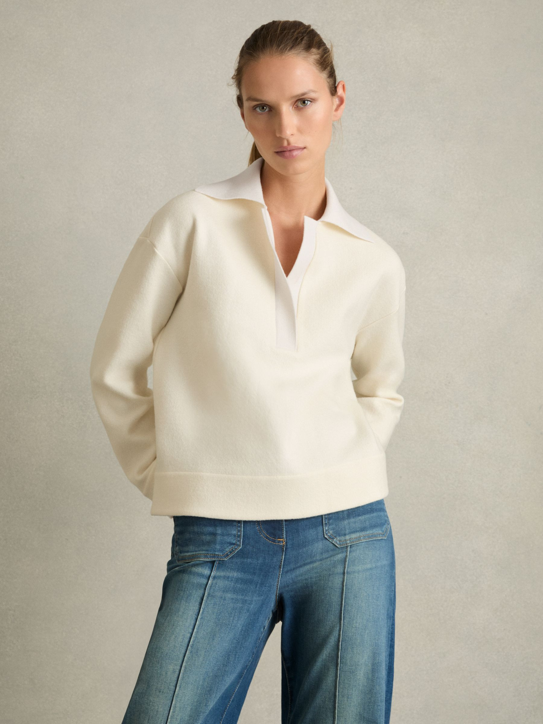 Reiss Wool-Cotton Blend Open-Placket Shirt in Cream - REISS | Reiss UK