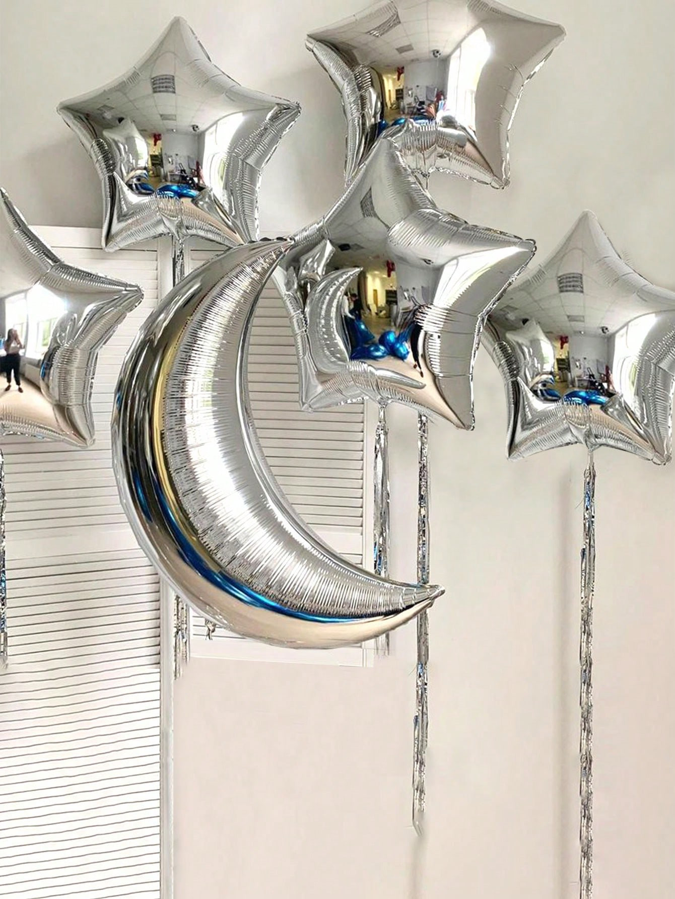 6pcs Balloon Set, Including 28-Inch Silver Moon Shaped Balloon, 18-Inch Five-Pointed Star/Heart B... | SHEIN