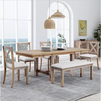 Farmhouse 82inch 6-Piece Extendable Dining Table with Footrest, 4 Upholstered Dining Chairs and Dining Bench, Two 11"Removable Leaf | Wayfair North America