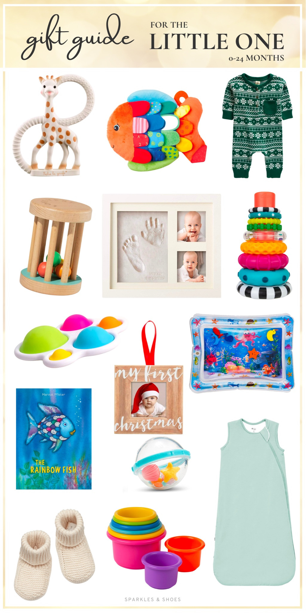 So many gift ideas for kids this year on Sparkles and Shoes! For little ones, newborn to 24 months, these are my top picks: 

sophie teething ring // flip fish // baby grow // rolling rattle // handprint and footprint // stacking rings
dimple popper // christmas ornament // tummy time fish playmat // rainbow fish book // float and play bath toys // knitted booties // stacking cups // sleep sack

#LTKGiftGuide