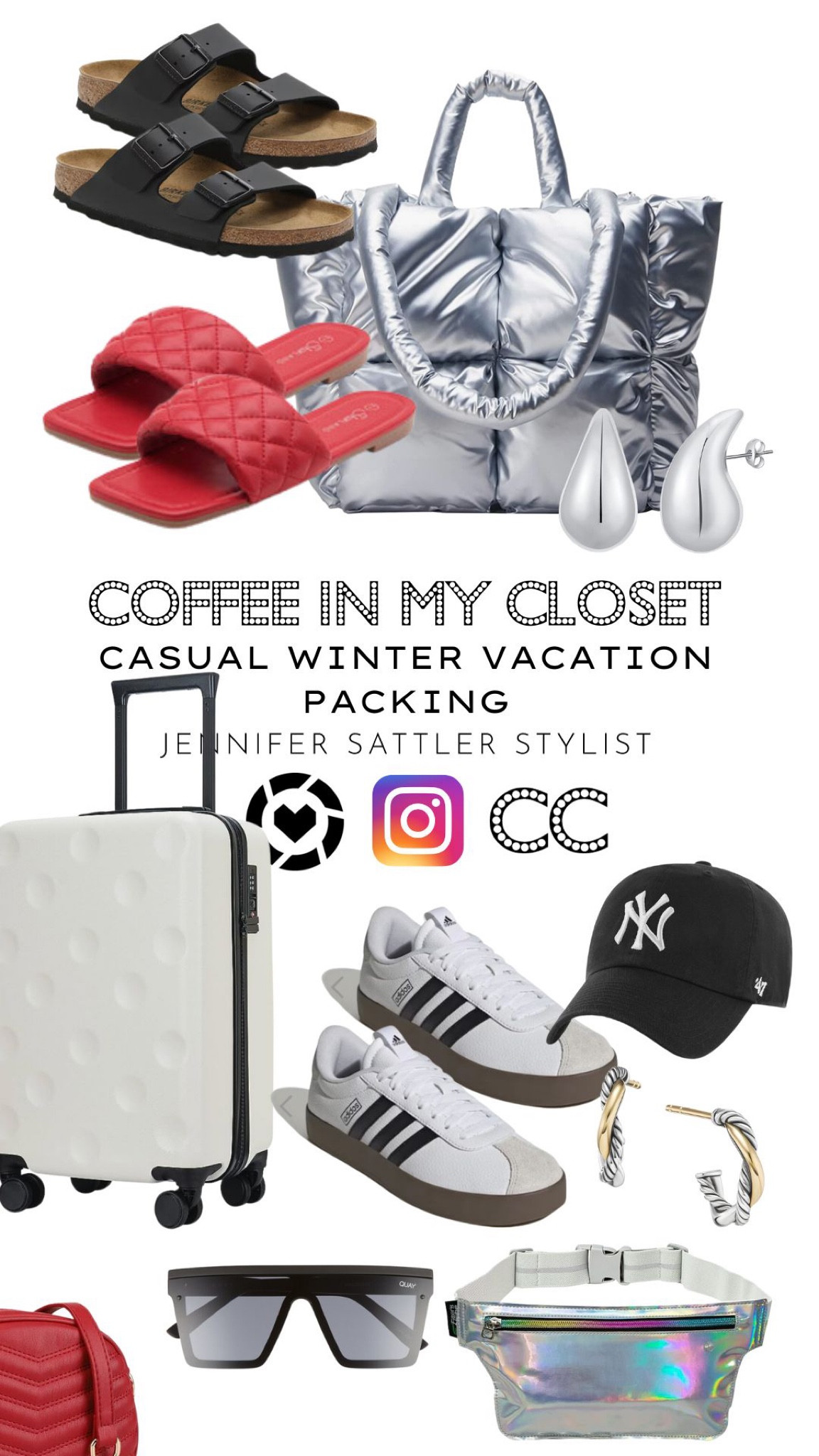 Most Of Our Activities Are Sporty So I Only Took A Few Key Accessories; One Pair Of Two-Tone Earrings I Wear Everywhere But To Bed, Belt Bags To Keep Me Hands-Free, My Signature Sunnies Under $100, New Adidas Sneakers, And A Few Other Key Pieces.
One Way To Keep A Mostly Black Capsule Wardrobe For Looking Stale Is To Add Some Color. For This Trip, I Took My Red Accents. My Bottega Belt, Quilted Belt Bag, Designer-Inspired Sandals, And Anine Bing Graphic With Red Logo. Try This With Any Color. 