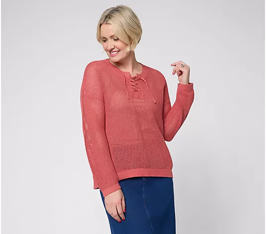 Peace Love World Mixed Motif Lace Up Cotton Sweater - QVC.com | QVC