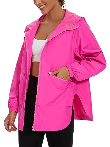 PESION Women's Waterproof Raincoat Lightweight Rain Jacket Trench Coat Hooded Windbreaker With Pockets for Outdoor, Hot Pink, Small | Amazon (US)