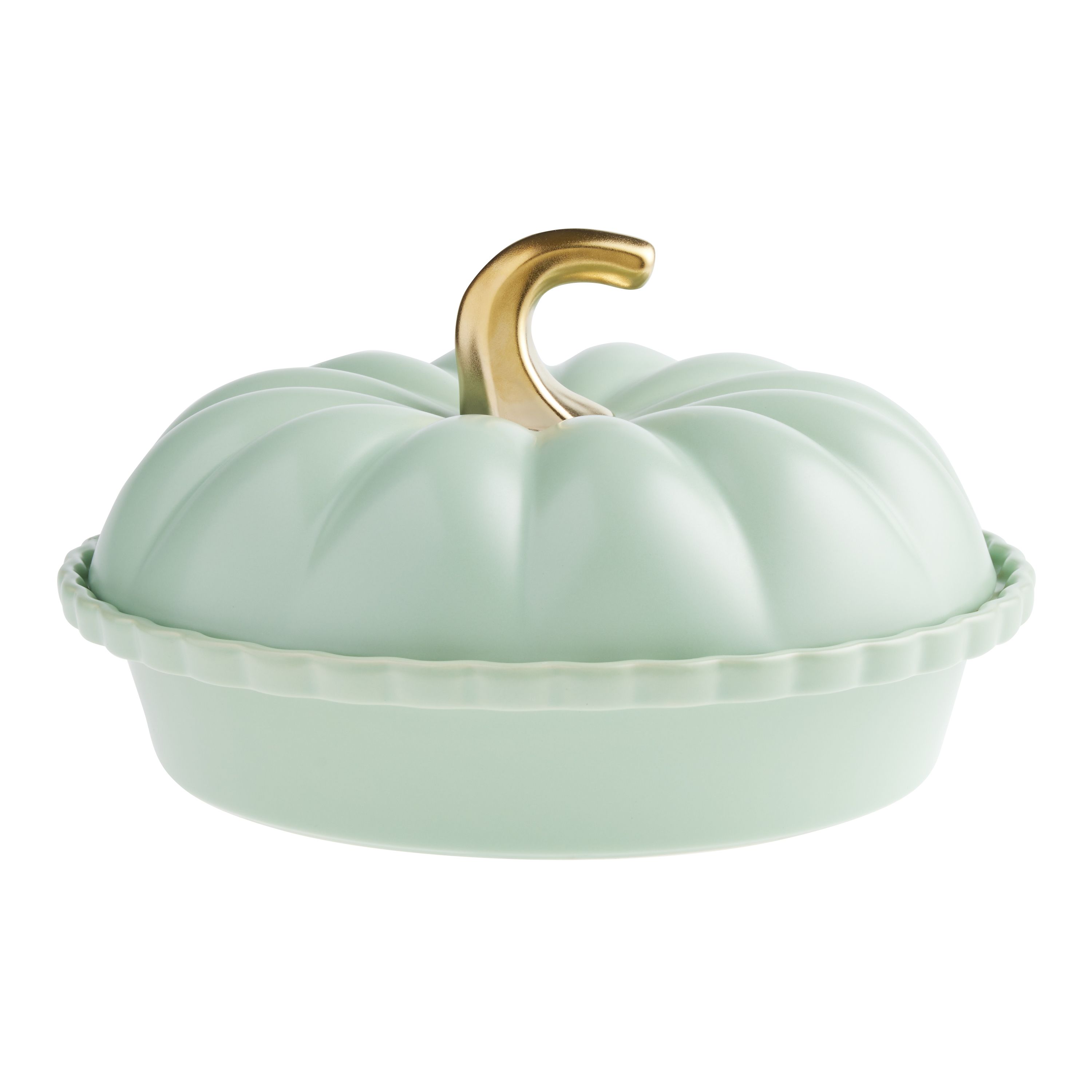 Sage Green Ceramic Pumpkin Shaped Deep Pie Dish with Lid | World Market