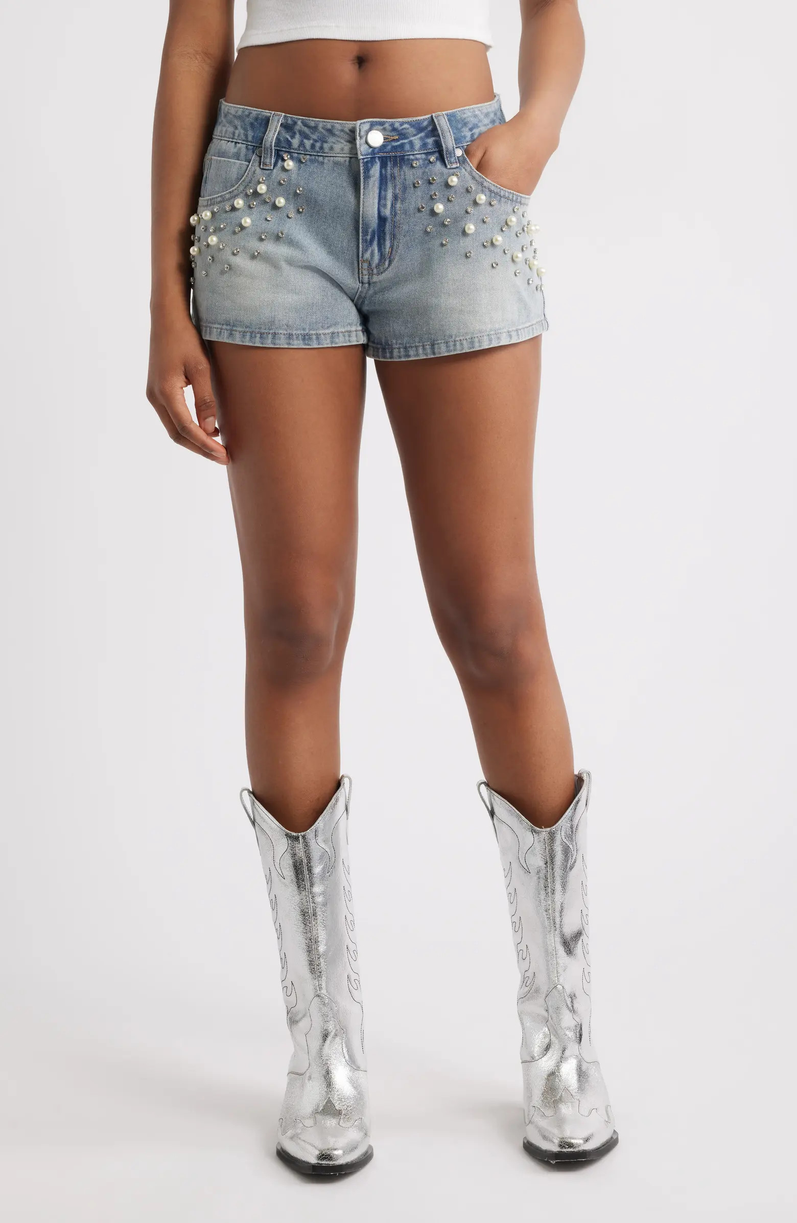 Ruby Imitation Pearl & Rhinestone Detail Denim Shorts | Nordstrom