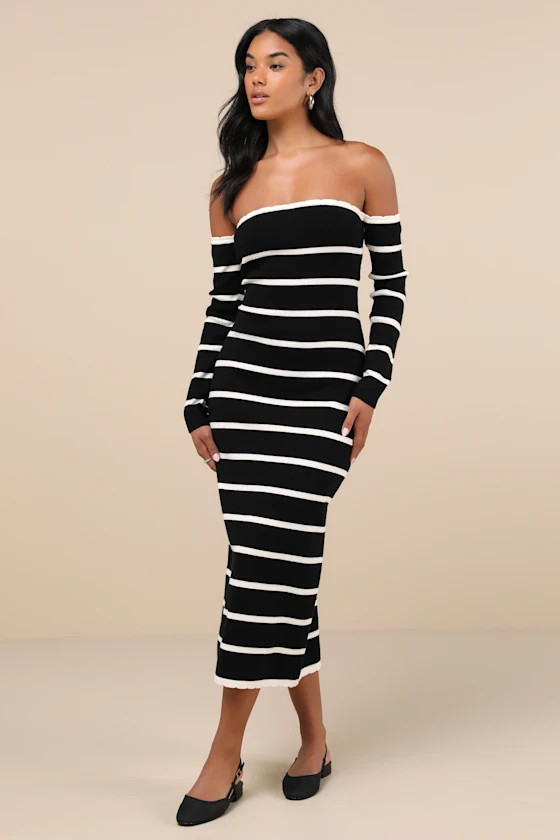 Chicest Side Black Striped Off-the-Shoulder Midi Sweater Dress | Lulus