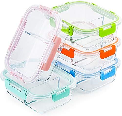 Glass Meal Prep Containers 2 Compartment Set, 5-Pack, 34oz, Glass Bento Boxes for Adults, Divided Gl | Amazon (US)