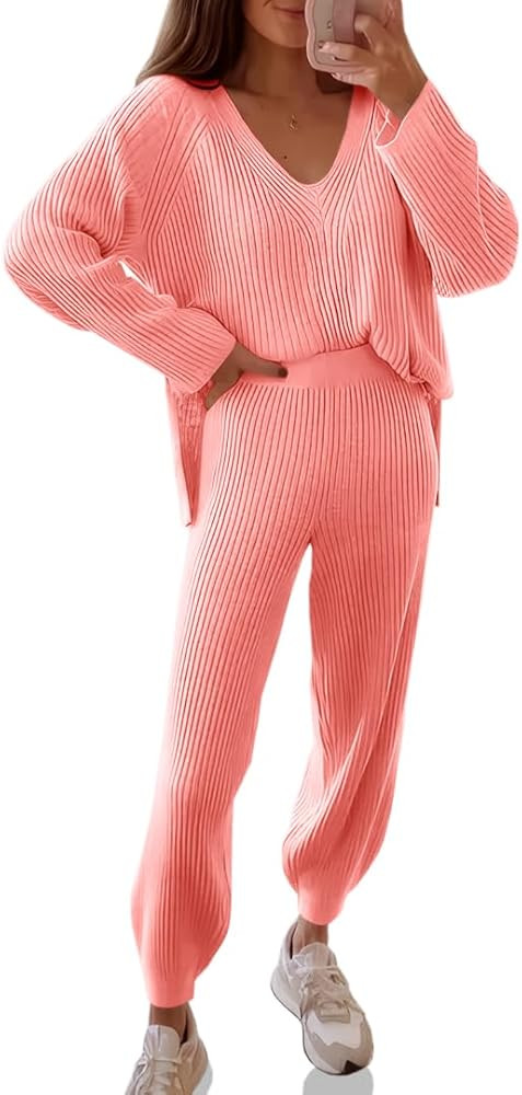 Tankaneo Womens Knit Sets Oversized V Neck Sweaters and Wide Leg Pants Fall Loungewear Trendy 2 P... | Amazon (US)