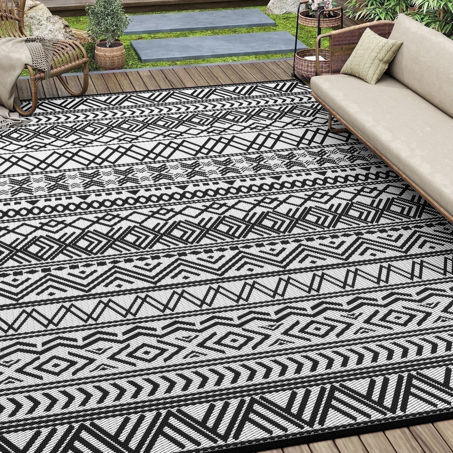 SIXHOME Outdoor Rug 5'x8' Waterproof Reversible Patio Rug Boho Geometric Indoor Outdoor Rugs Ligh... | Walmart (US)