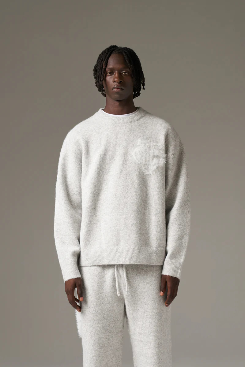 MONOGRAM FLUFFY KNIT CREW - GREY MARL | The Couture Club