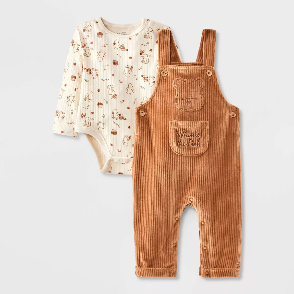 Baby Boys' 2pc Disney Winnie The Pooh Long Sleeve Ribbed Bodysuit and Overalls Set - Brown 6 | Target