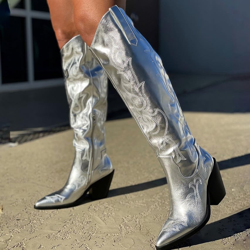 Erocalli Cowboy Boots for Women Cowgirl Knee High Boots Metallic Pull On Almond Toe Boots Embroid... | Amazon (US)