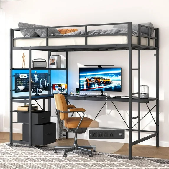 Loft Bed Twin Size with Desk, Metal Twin Loft Bed Frame with Charging Station & Safety Guard, LED... | Walmart (US)