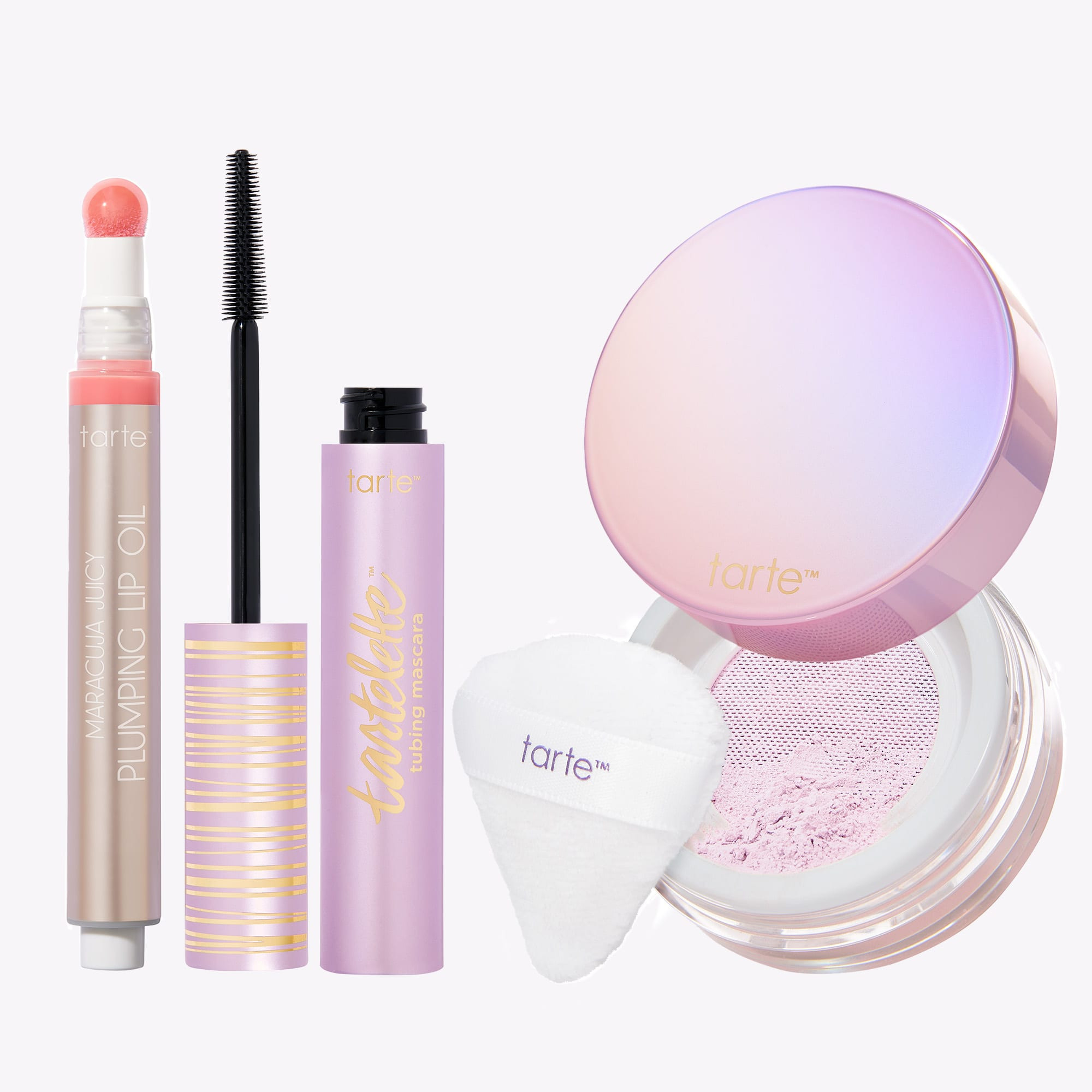 tarte maracuja juicy lip oil, tubing mascara and setting powder trio | tarte cosmetics (Global)