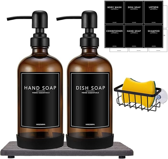 Kitchen Soap Dispenser Set with Instant Dry Tray & Sponge Holder,16 Oz Hand and Dish Soap Amber G... | Amazon (US)