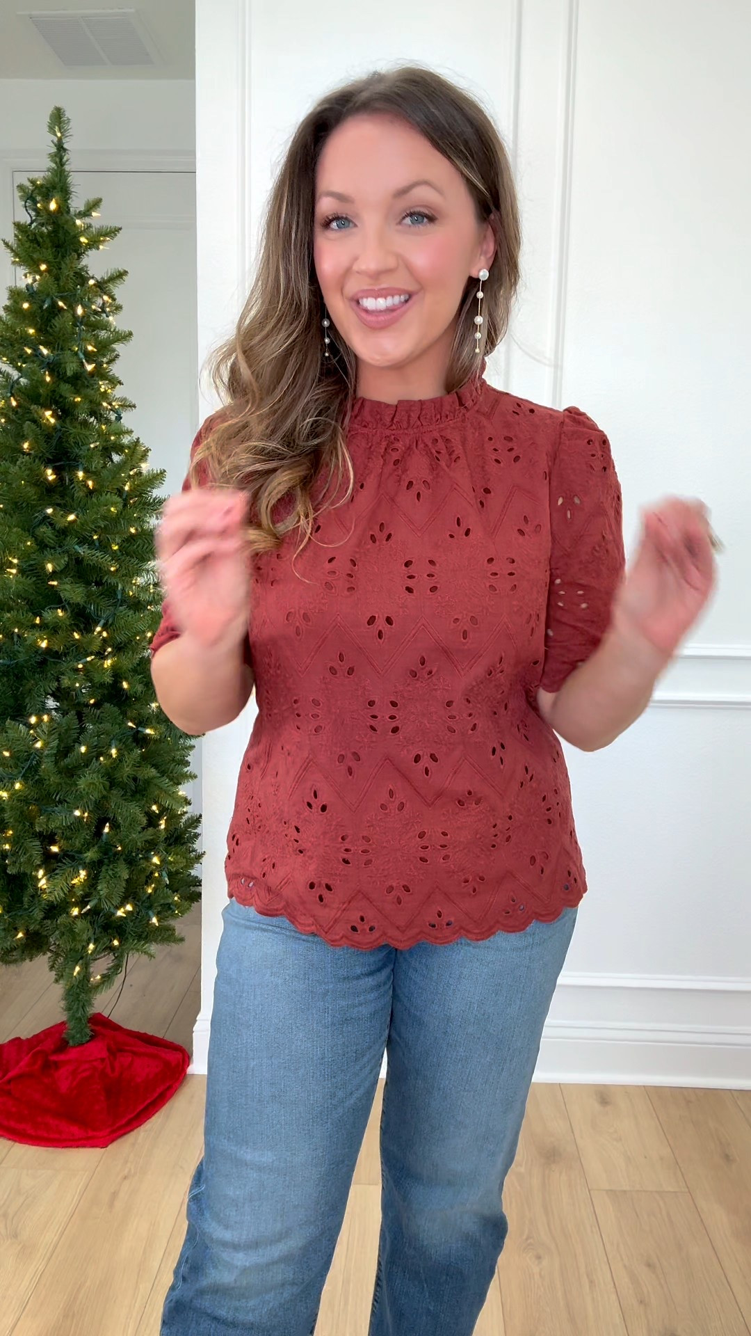 Gorgeous Eyelet Top for a Fall and Winter! Dress it up or down! Perfect work top or cute top and jeans ! I am 5'5" Sizs 8/10 Wearing Medium in Brown Red color! Comes in so many other colors as well! #dressytop #worktop #amazontop amazon top, dressy top, cute top, eyelet top, work top, dressy amazon top, black friday deals, thanksgiving outfit 

 #LTKCyberWeek #LTKHoliday #LTKSeasonal