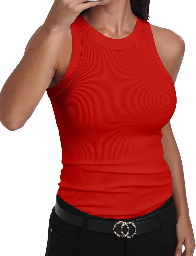 GEMBERA Womens Sleeveless Racerback High Neck Casual Basic Cotton Ribbed Fitted Tank Top | Amazon (US)