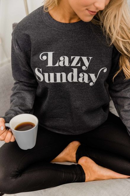 Lazy Sunday Dark Heather Graphic Sweatshirt | The Pink Lily Boutique