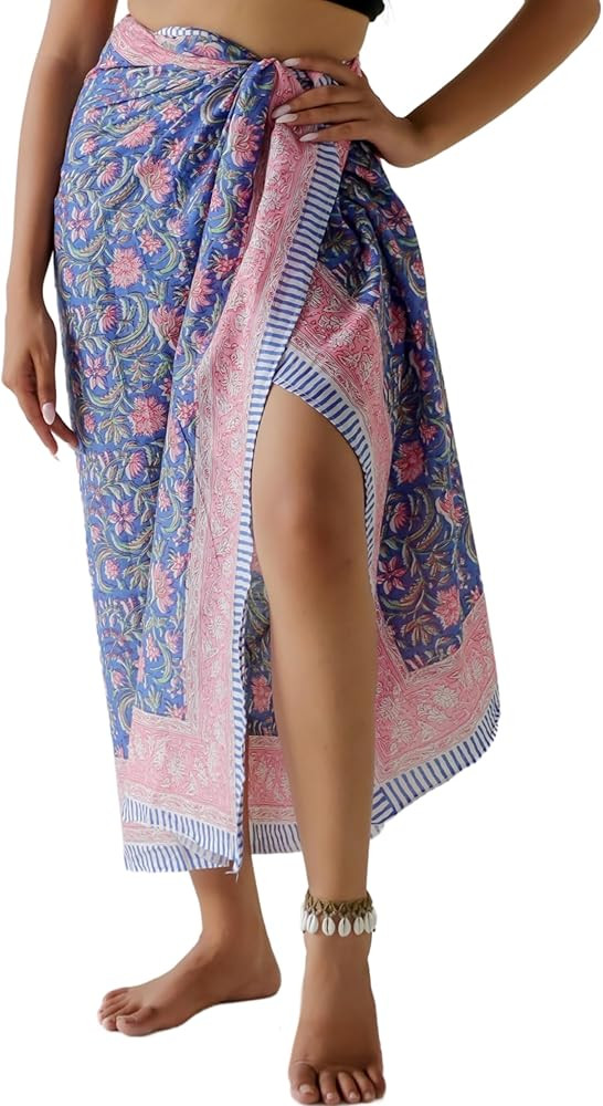 100% Cotton Sarong Cover Up for Women Indian Block Print Beach Wrap Skirt Long Boho Swimsuit Biki... | Amazon (US)