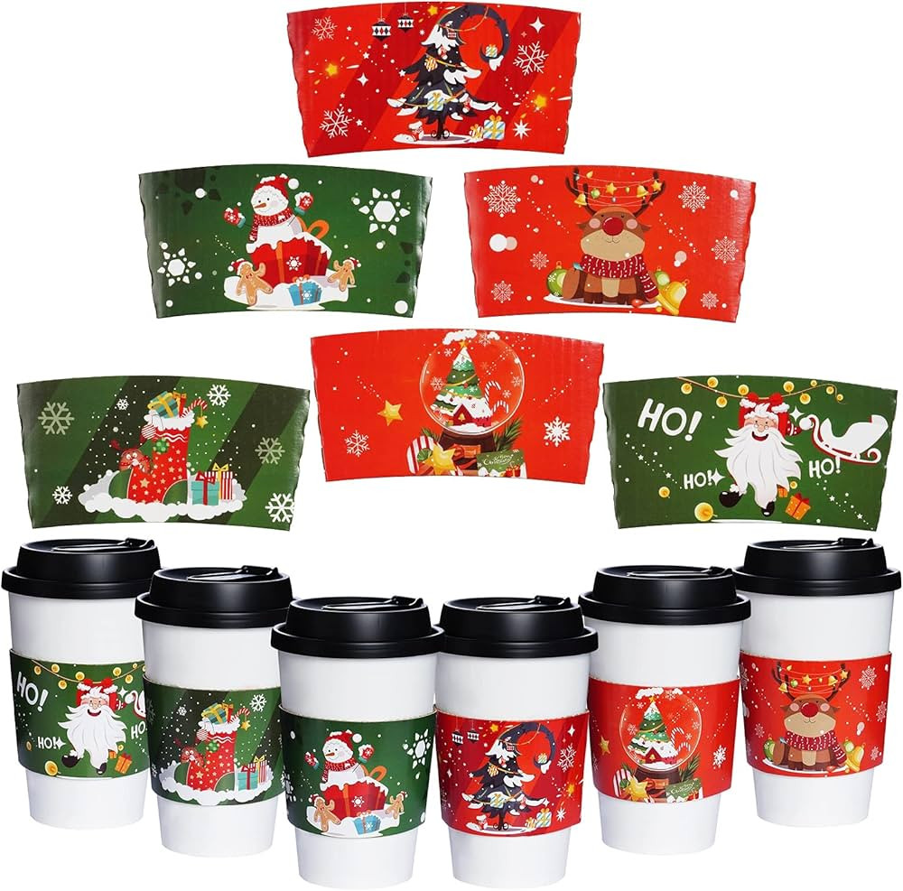 Hmxpls 24 Packs Christmas Santa Coffee Cups Sleeves, Disposable Hot Chocolate Cocoa Cup Sleeves for 12oz 16oz Hot Drinks & Cold Beverage, Holiday Snowman Xmas Cups Thicken Paper Sleeves, 6 Designs | Amazon (US)