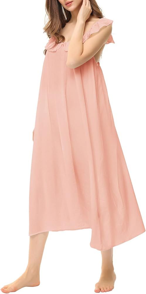 Women's Cotton Sleeveless Nightgowns Victorian Maxi Nightdress Cute Ruffle Spaghetti Straps Sleep Dr | Amazon (US)