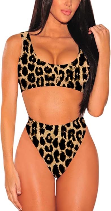 Amazon.com: Pink Queen Women's Crop Top High Waisted Cheeky Bikini Set Leopard Size XL : Clothing... | Amazon (US)