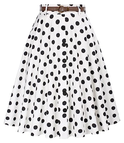 Belle Poque Vintage Skirt Womens Casual Button Front A Line Skirts Belted High Waist Midi Skirt with Pockets Ploka Dot M | Amazon (US)