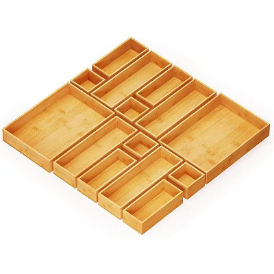 14-Piece Bamboo Drawer Organizer Set – Multi-Use Divider Bins for Kitchen, Bathroom, Office, and Makeup Storage, Natural | Target