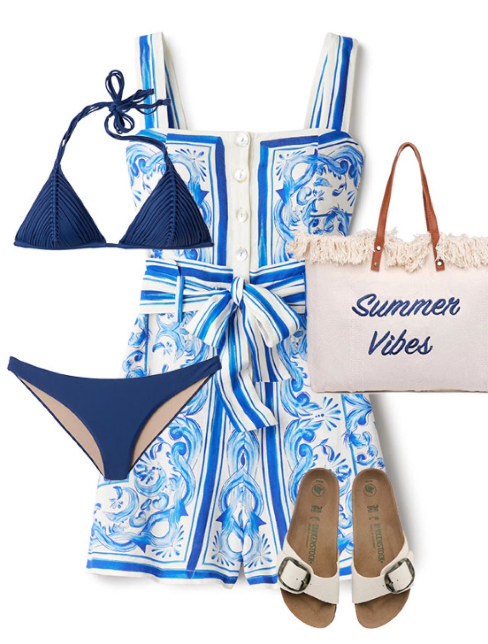 Obsessed with this entire summer beach outfit look curated by Everything But Water! I’ve linked the blue tile romper to a few other retailers as well since their stock is running low. So cute paired with this navy blue bikini, white Birkenstock slide sandals, and summer vibes tote. I’m also linking a few of my other swim favorites from EBW.
.
#ltkswim #ltkseasonal #ltkfindsunder100 #ltkseasonal #ltkover40 #ltkshoecrush #ltkitbag #ltksalealert #ltktravel #ltkmidsize farm rio outfits, Nordstrom outfit ideas, resort wear

#LTKSwim #LTKSeasonal #LTKItBag