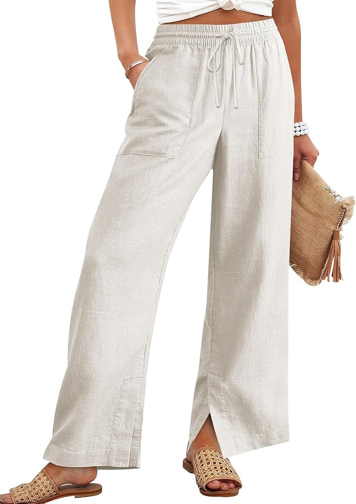 ANRABESS Womens Wide Leg Palazzo Linen Pants High Waist Split Ankle Casual Lounge Beach Vacation ... | Amazon (US)