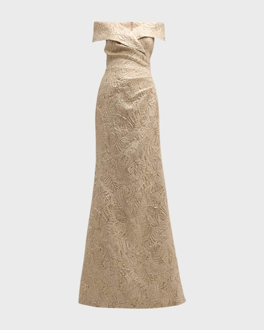Rickie Freeman for Teri Jon Off-Shoulder Metallic Jacquard Gown | Neiman Marcus