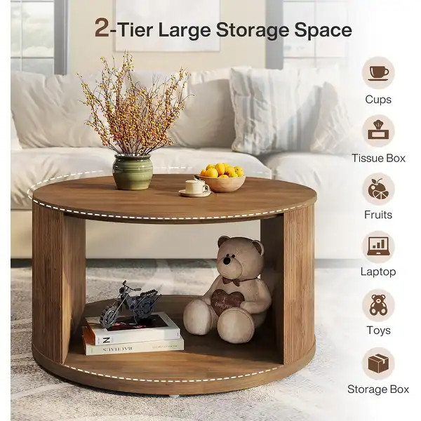 31.5" Walnut Round Coffee Table Center Table with Fluted Drum Base - 31.5"W x 31.5"D x 17.7"H | Bed Bath & Beyond