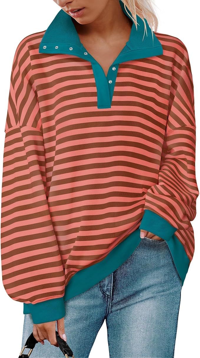 ZESICA Sweatshirts for Womens Long Sleeve Lapel V Neck Striped Oversized Tops | Amazon (US)