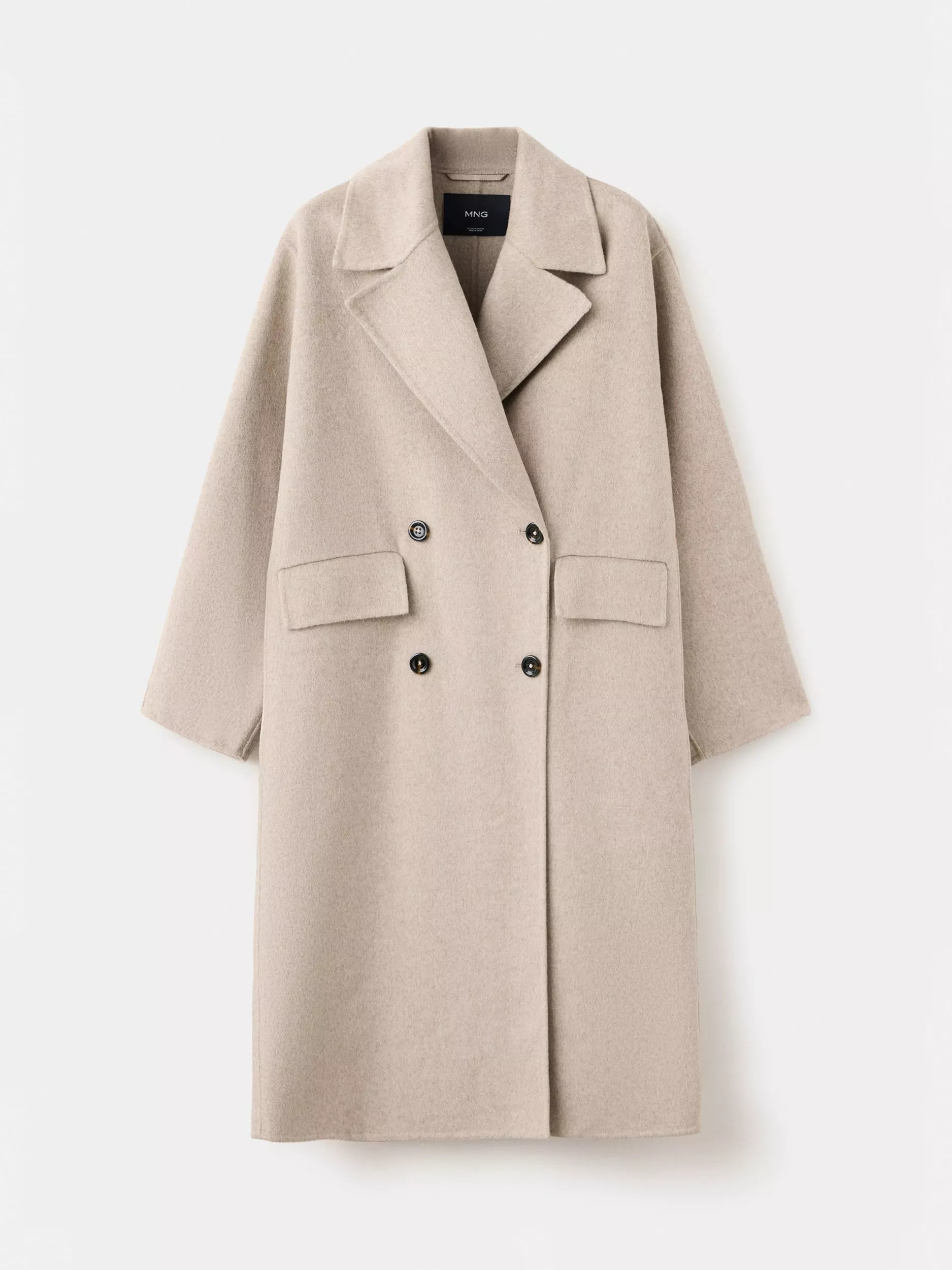 Mango Long Double-Breasted Wool Blend Overcoat, Taupe | John Lewis (UK)