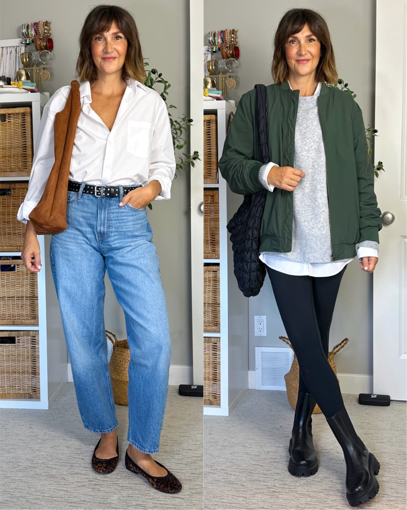 Fall outfit ideas for an oversized white button up shirt! I’m 5’ 7” wearing a men’s size 16” neck 32-33” sleeve and it’s pretty big. Best part is that it’s wrinkle resistant!
Belt and barrel style jeans fit tts, bomber jacket is a men’s M for an oversized fit. 
Also linked my fave Amazon leggings, they fit tts.
Ballet flats are small, I sized up a full size. Chelae boots are sold out but click through and you’ll see suggestions for similar 


#LTKShoeCrush #LTKStyleTip #LTKItBag