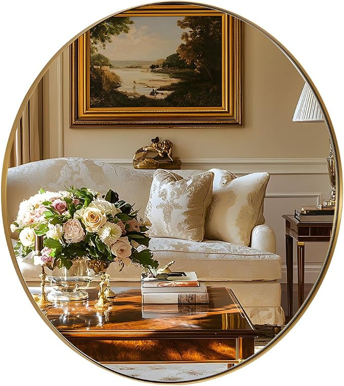Round Gold Mirror 30 inch, Brass Mirror with Brushed Gold Frame, Wall Mounted Stainless Steel Met... | Amazon (US)