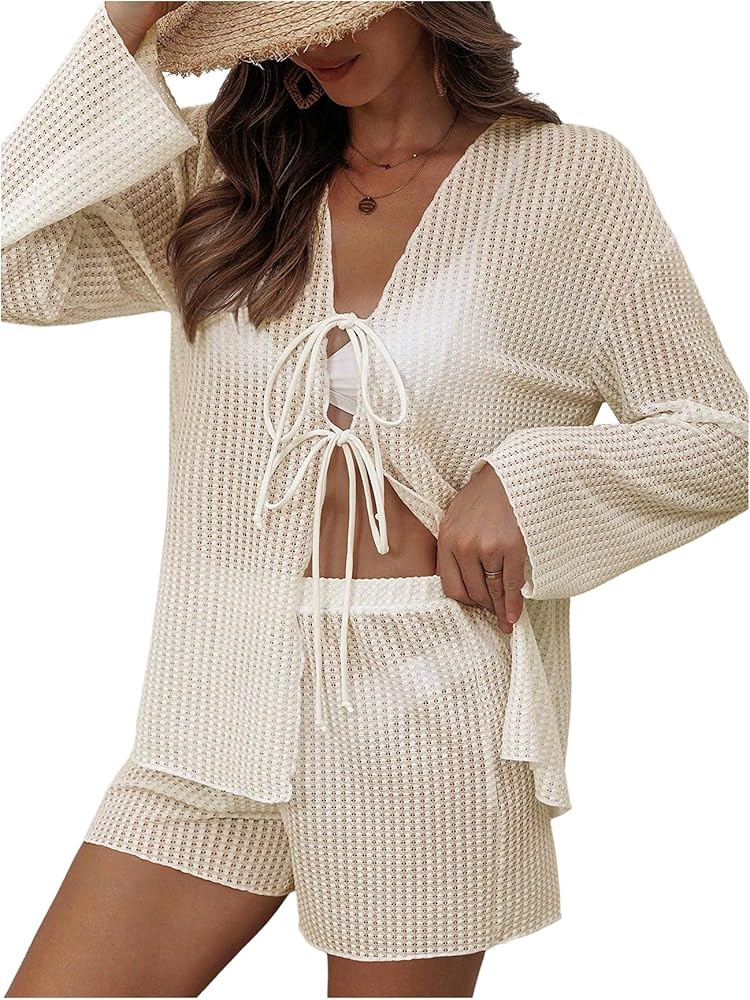 SHENHE Women's 2 Piece Swim Cover Up Set Tie Front Long Sleeve Kimono Cardigan and Shorts Beach C... | Amazon (US)