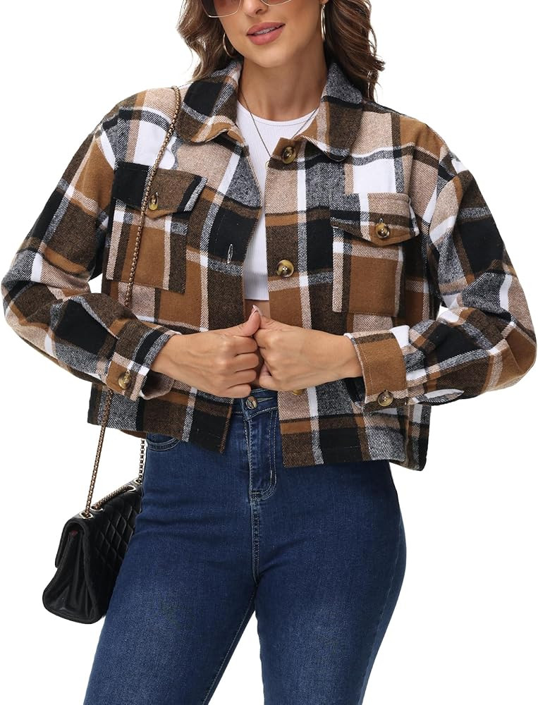 URBEST Women's Oversized Plaid Shacket - Cozy Long Sleeve Button Down Jacket with Pockets, Knee L... | Amazon (US)