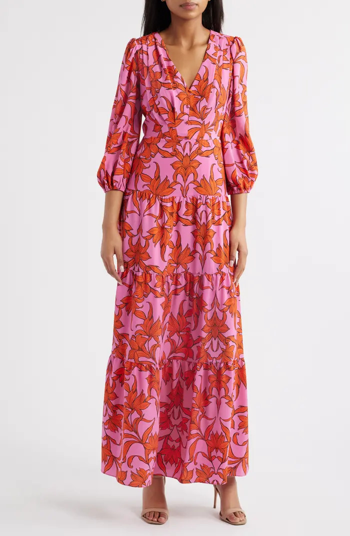 Print Long Sleeve Ruffle Hem Maxi Dress | Nordstrom Rack